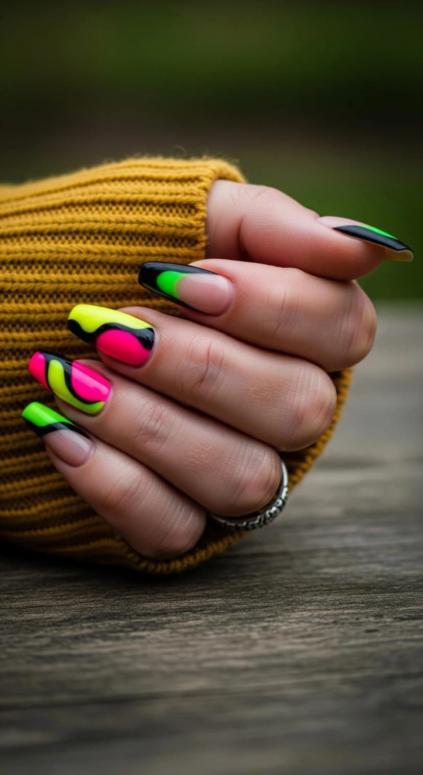 Neon Swirl French Tip Nails