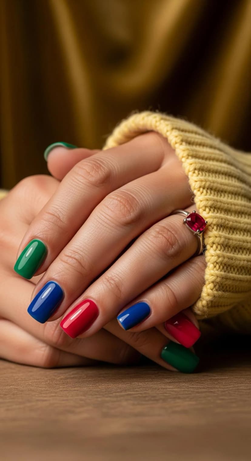 Bold Multicolor Nails β Red, Blue & Green Statement Set