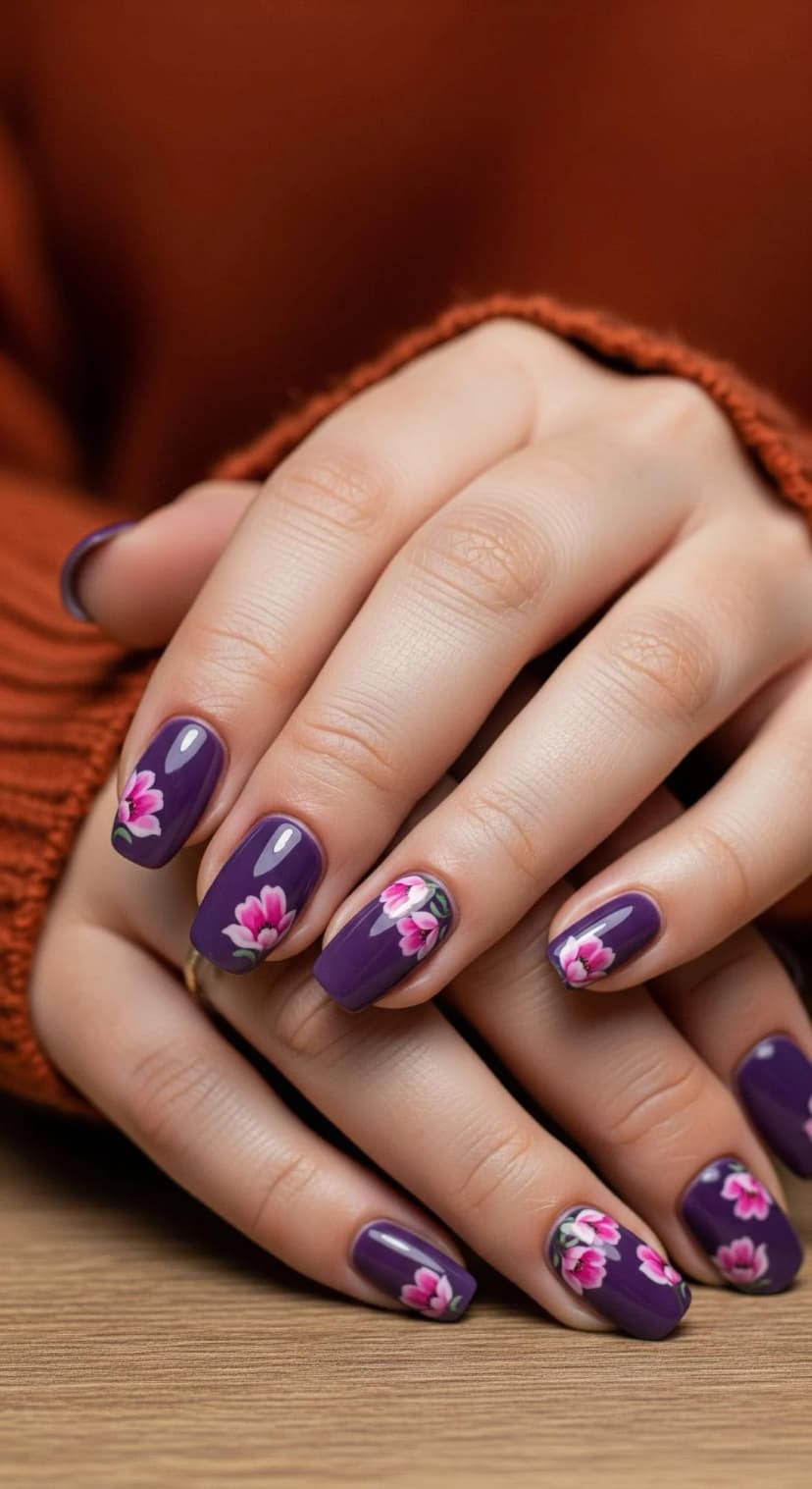 Deep Plum Nails with Delicate Floral Art
