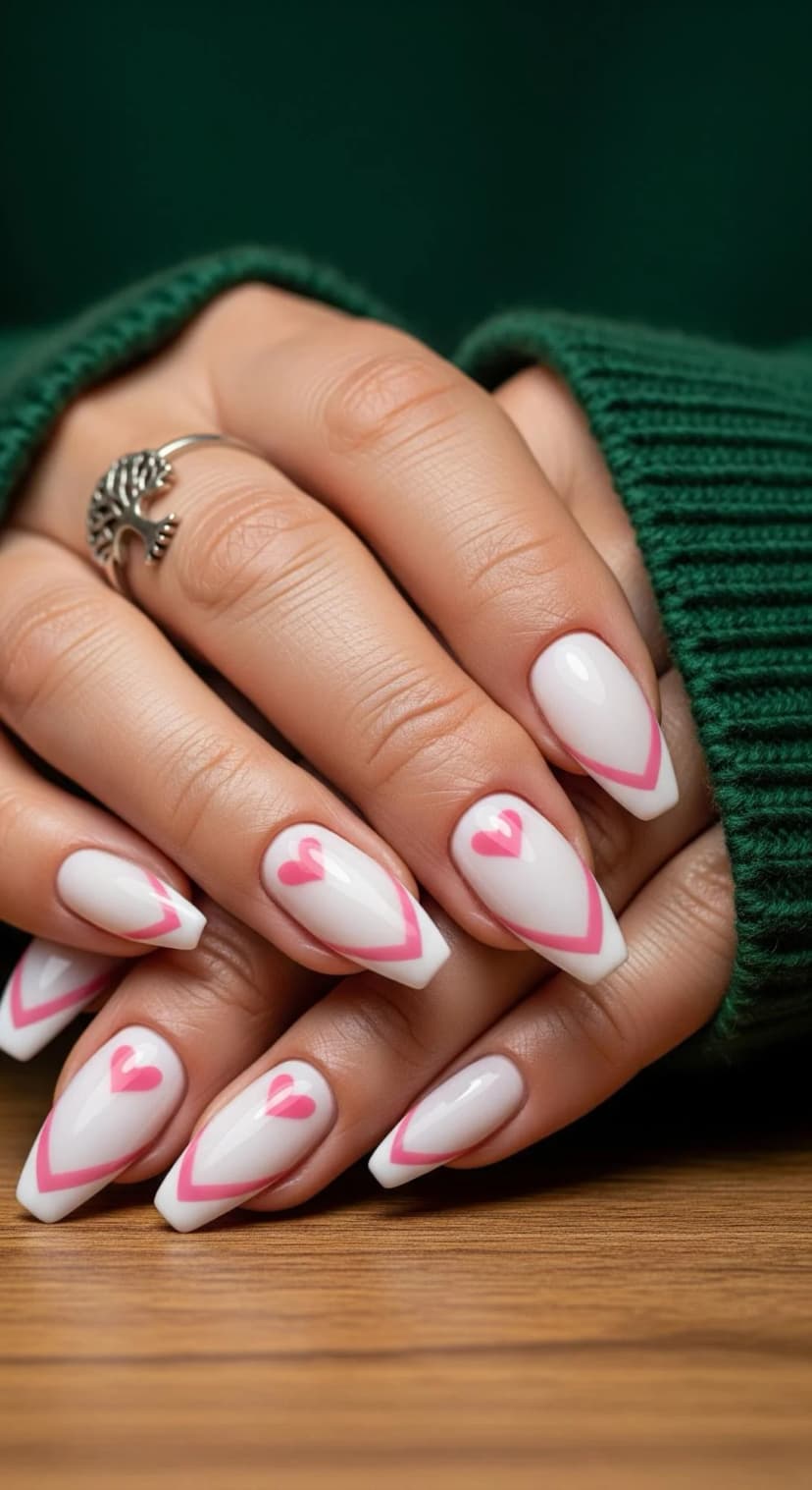 White Coffin Nails with Pink French Tips & Heart Details