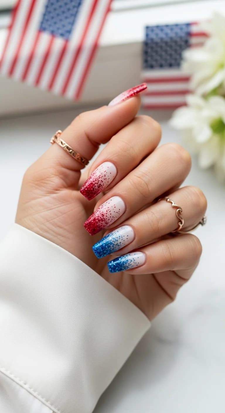 Sparkling Red, White & Blue Ombre Glitter
