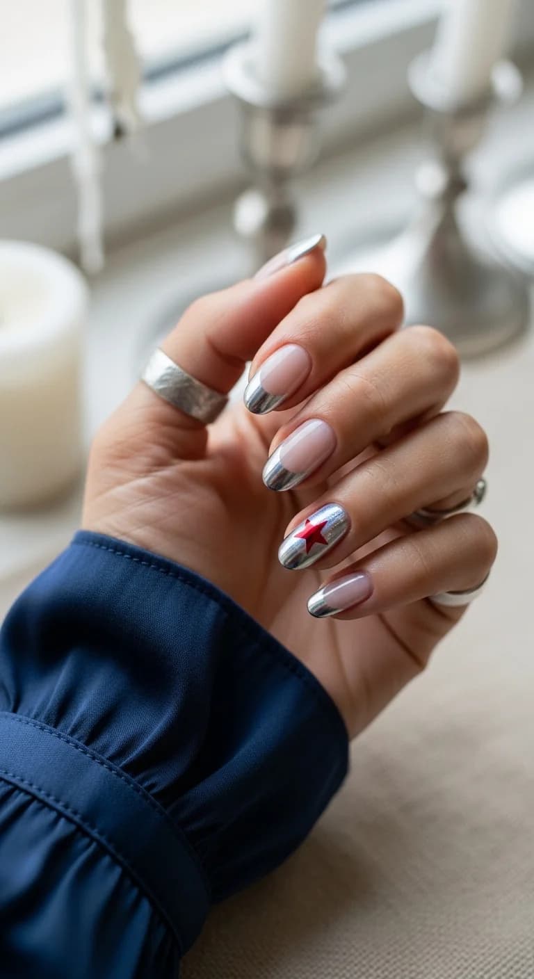 Chrome French Tips with a Fiery Red Star Accent