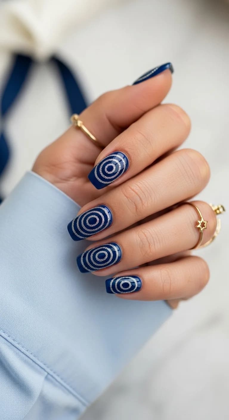 Deep Navy Glossy Nails with Silver Concentric Circles