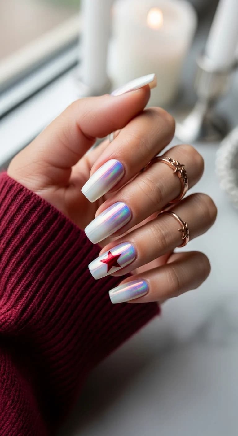 Iridescent White Chrome with a Red Star Accent
