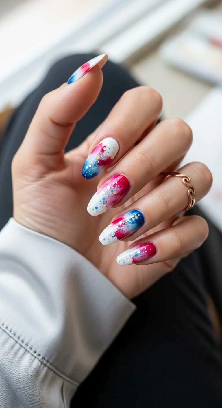 Red, White, and Blue Watercolor Swirls with Glitter