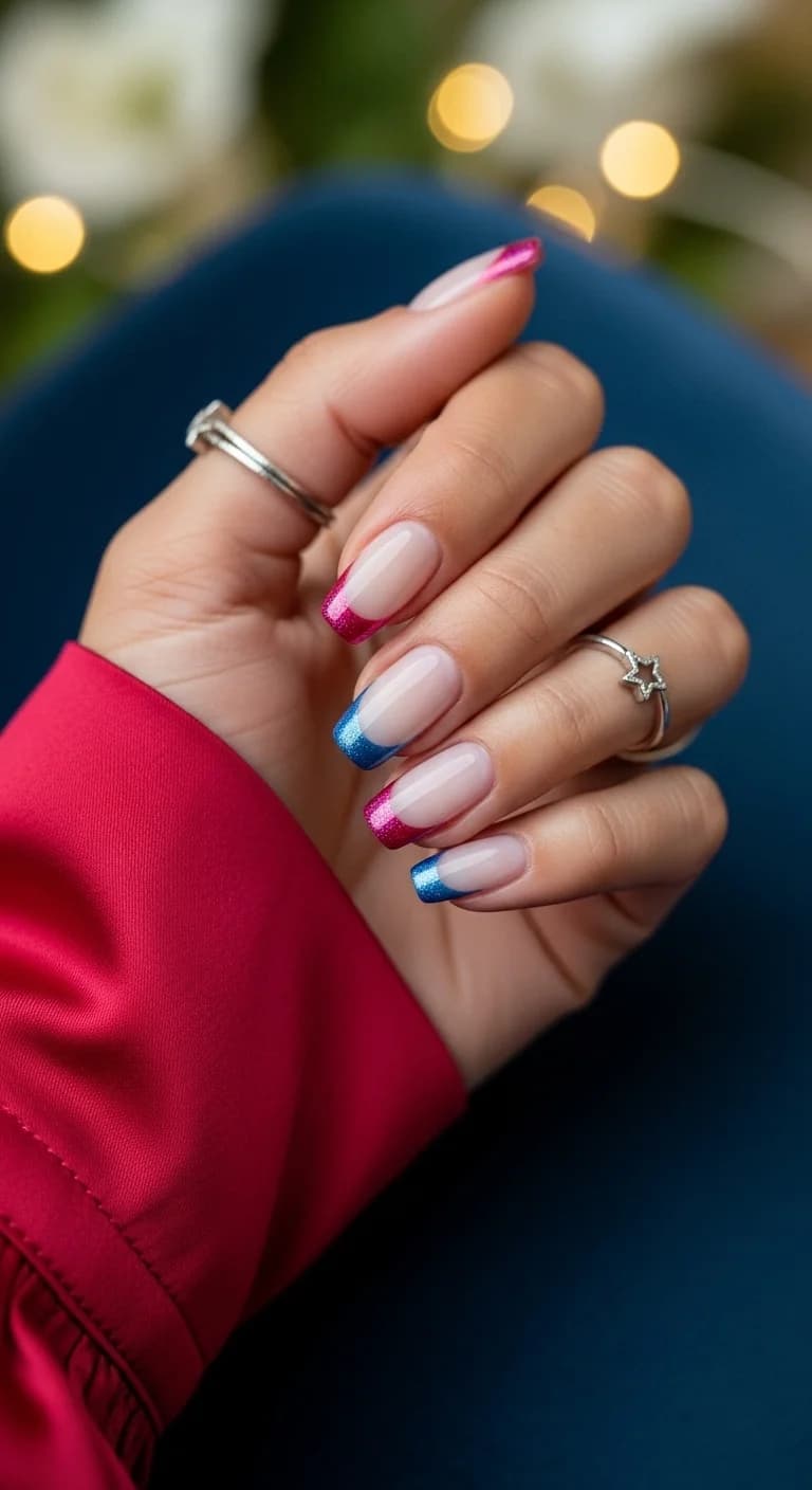 Sparkling French Tips in Fuchsia & Electric Blue