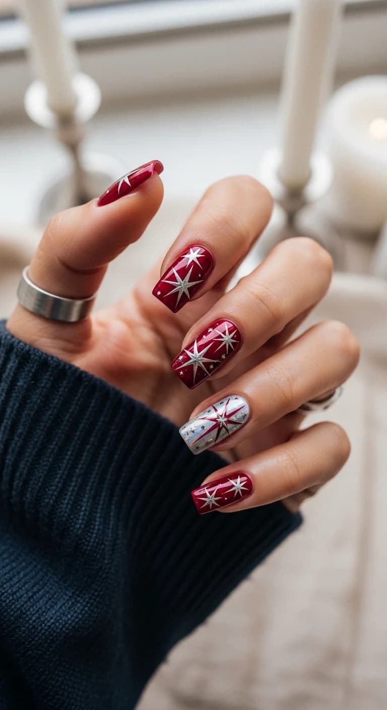 Ruby Red Sparkle Starburst Nails