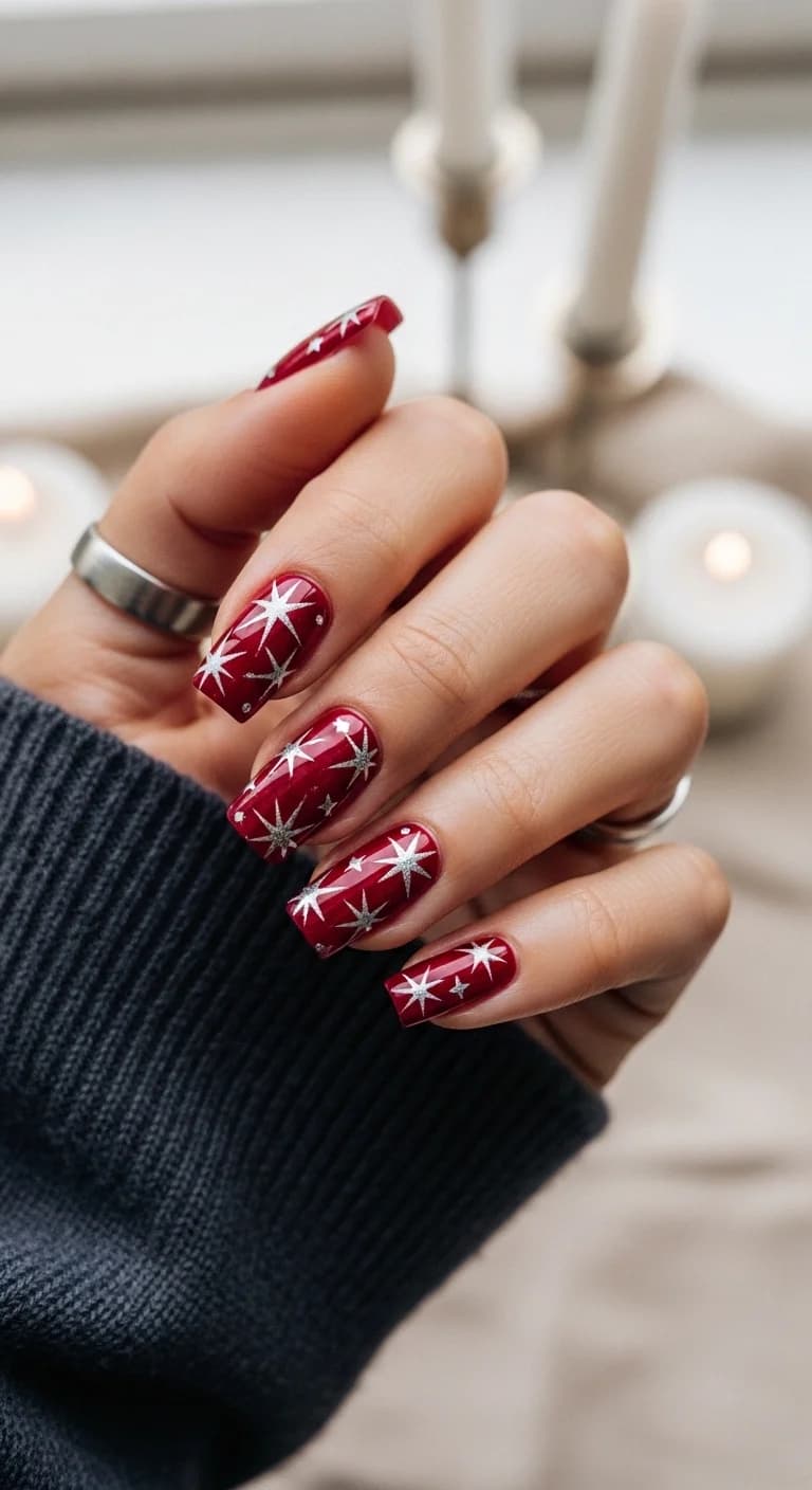 Deep Cherry Red with Sparkly Silver Starbursts