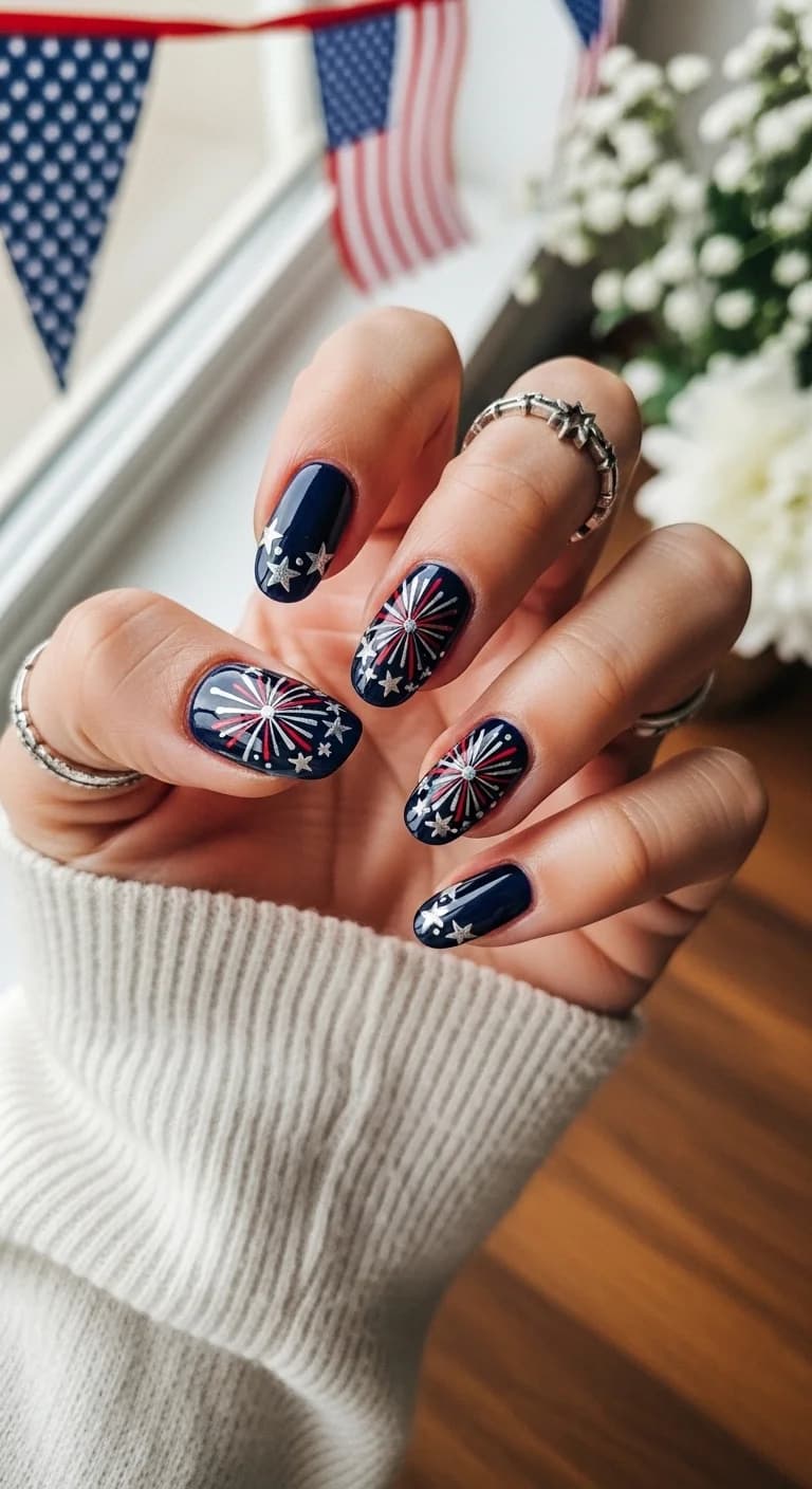 Sparkling Navy Firework & Star Manicure