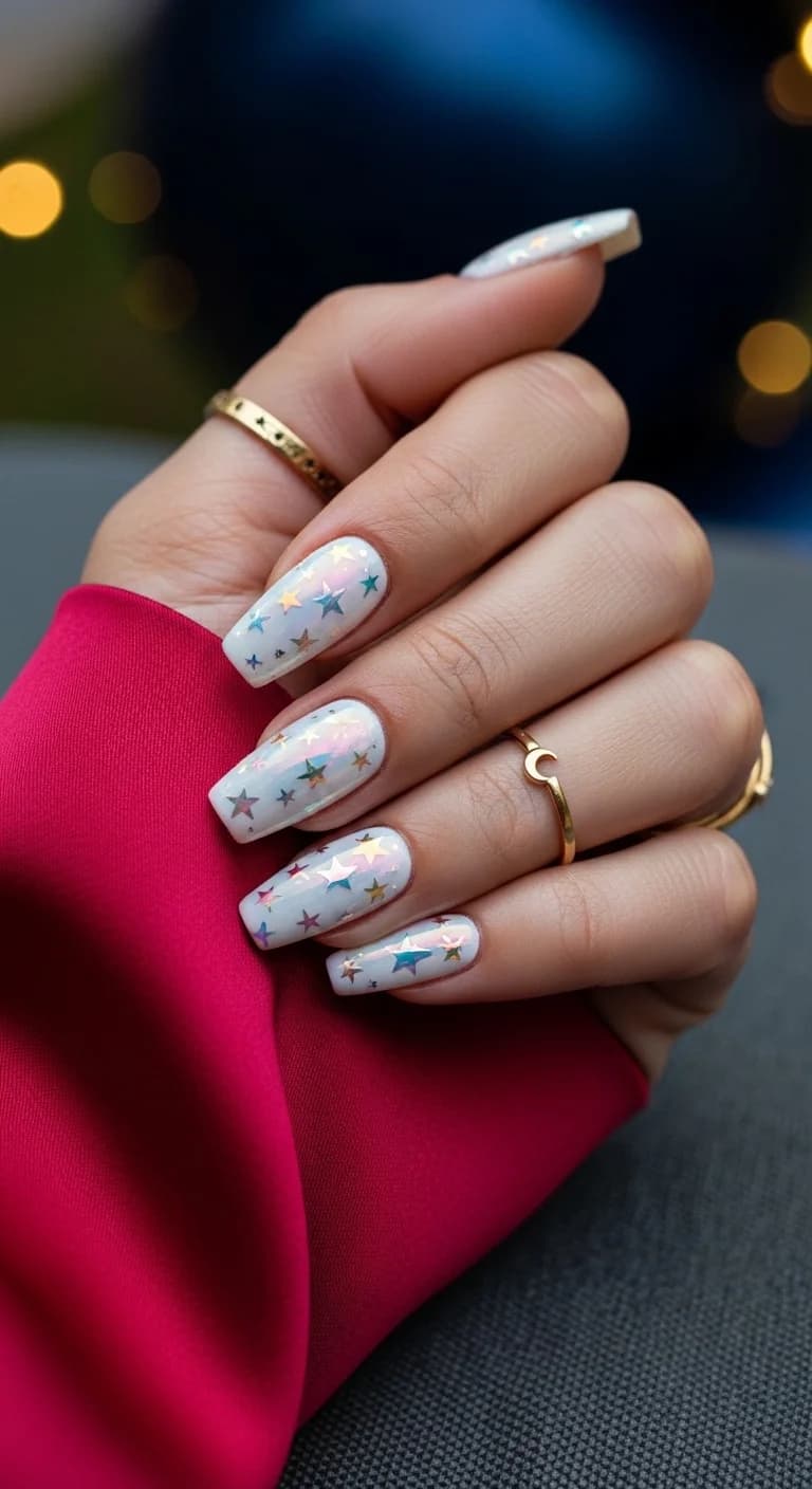 White Starry Night Coffin Nails