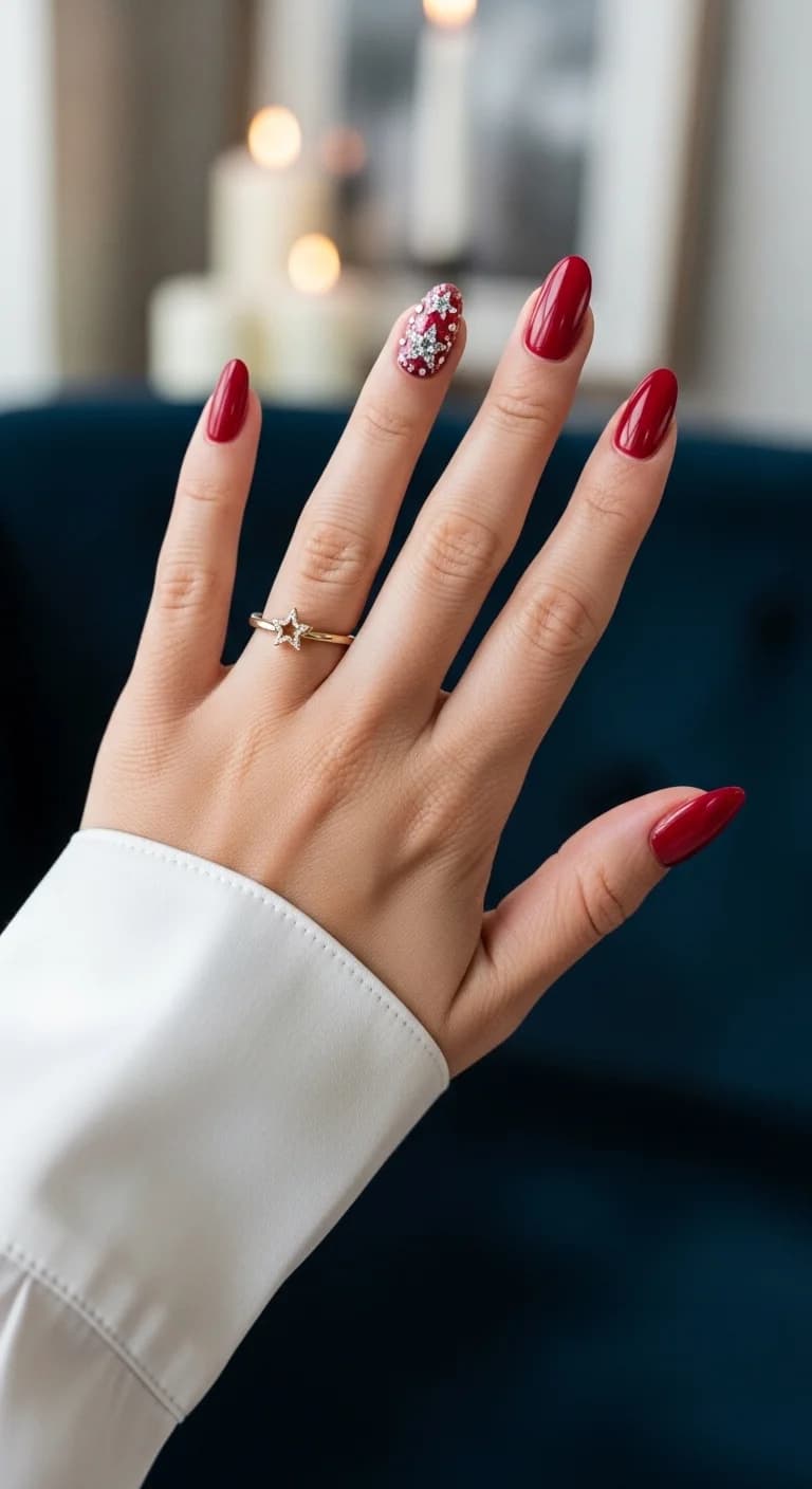 Classic Red Oval with Dazzling Rhinestone Accent Nail