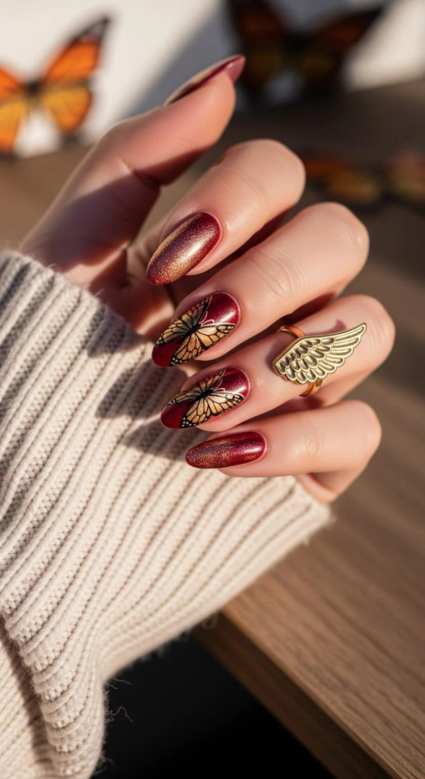 Burgundy Shimmer Nails + Butterfly Nail Art