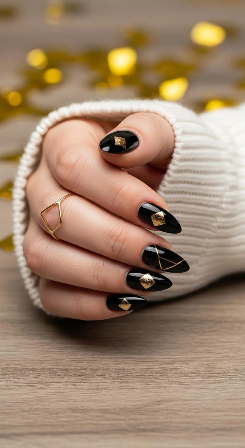 Black Glossy Almond Nails + Gold Geometric Accents