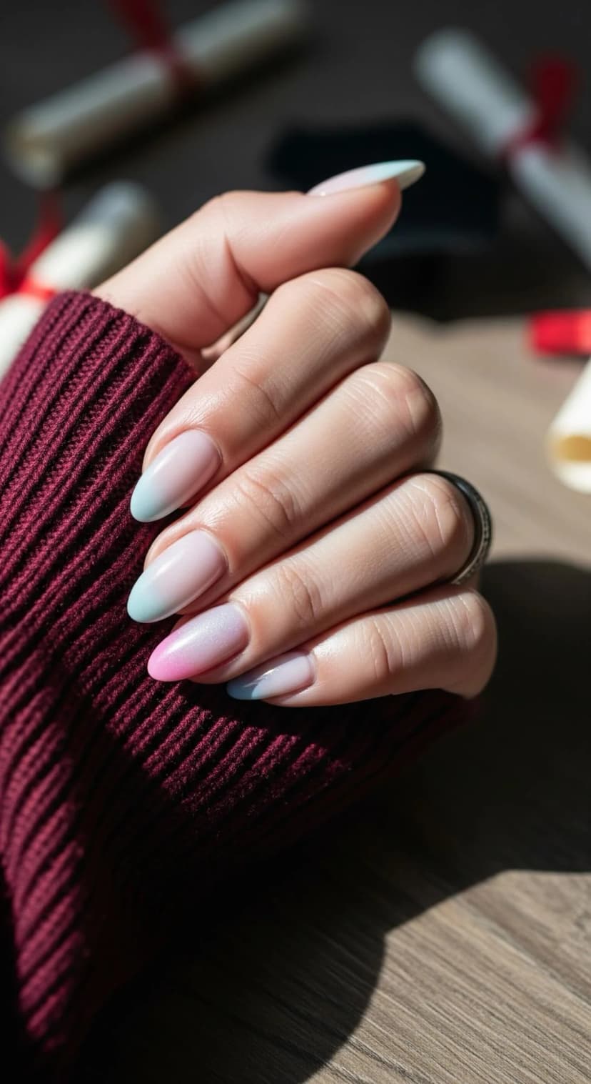 Pink, Blue & White Ombre Almond Nails
