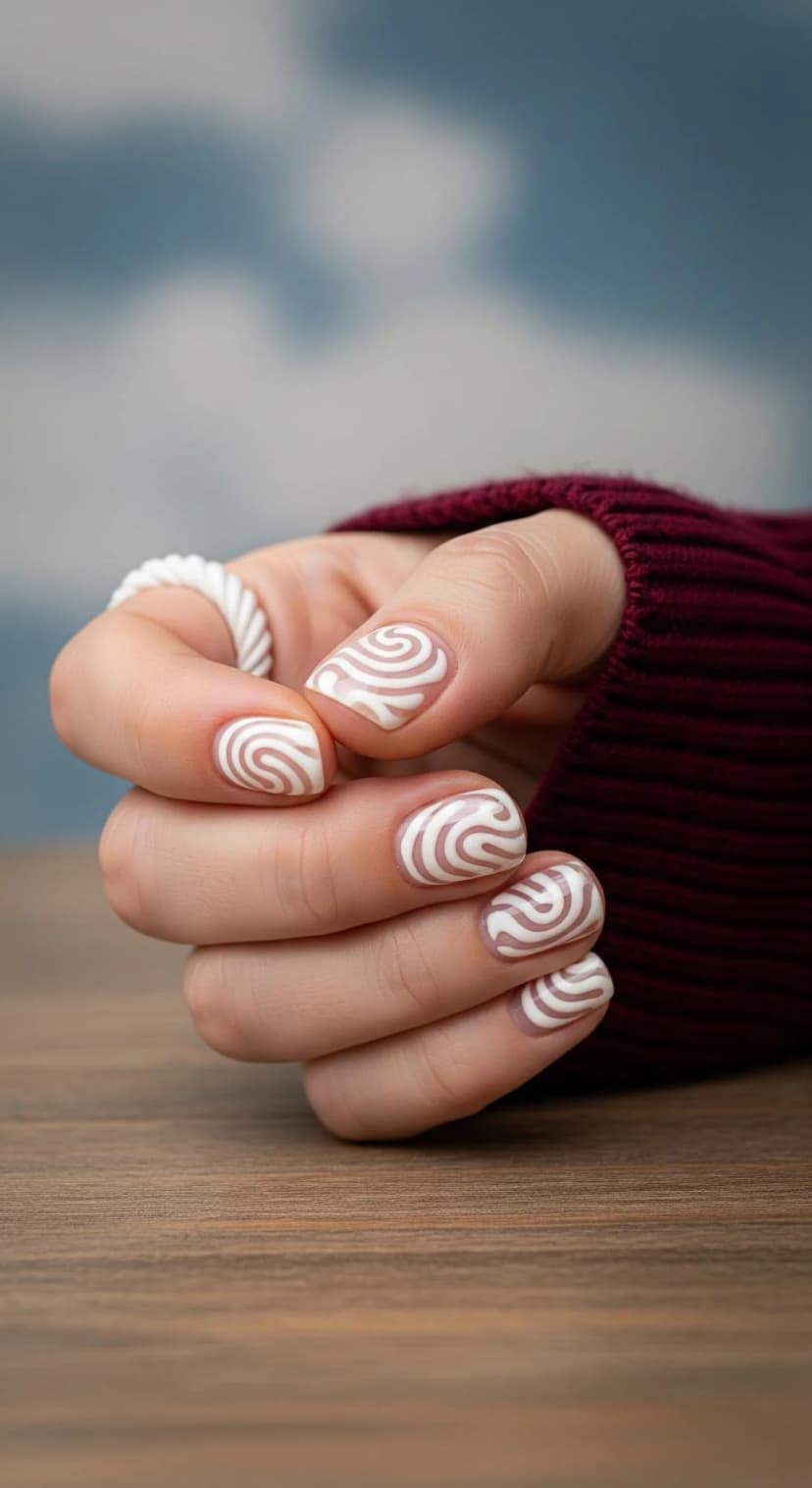 Natural Nude Swirl Nails with White Swirls