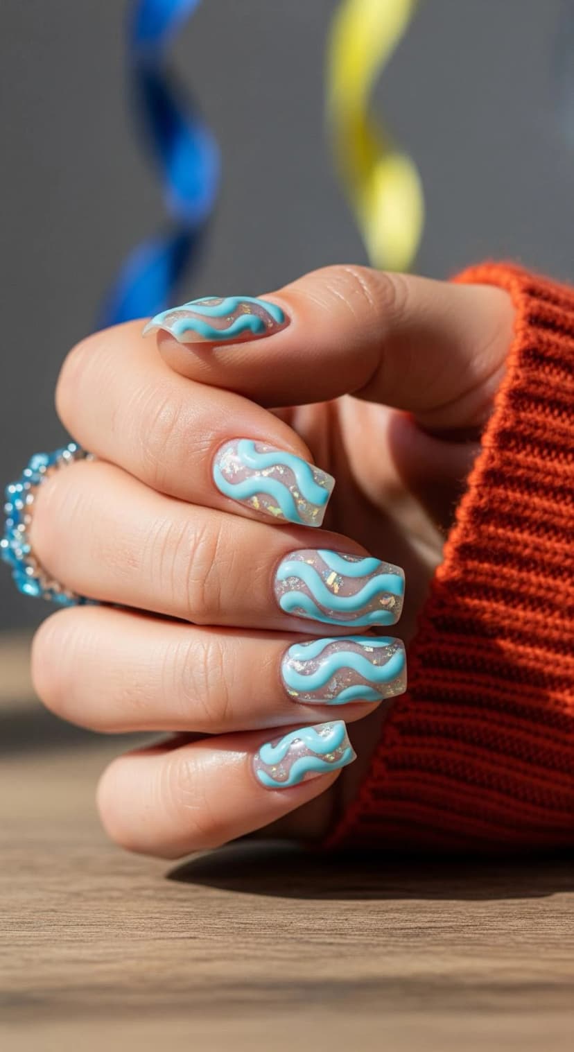 Clear Overlay Nails with Blue Waves and Silver Glitter