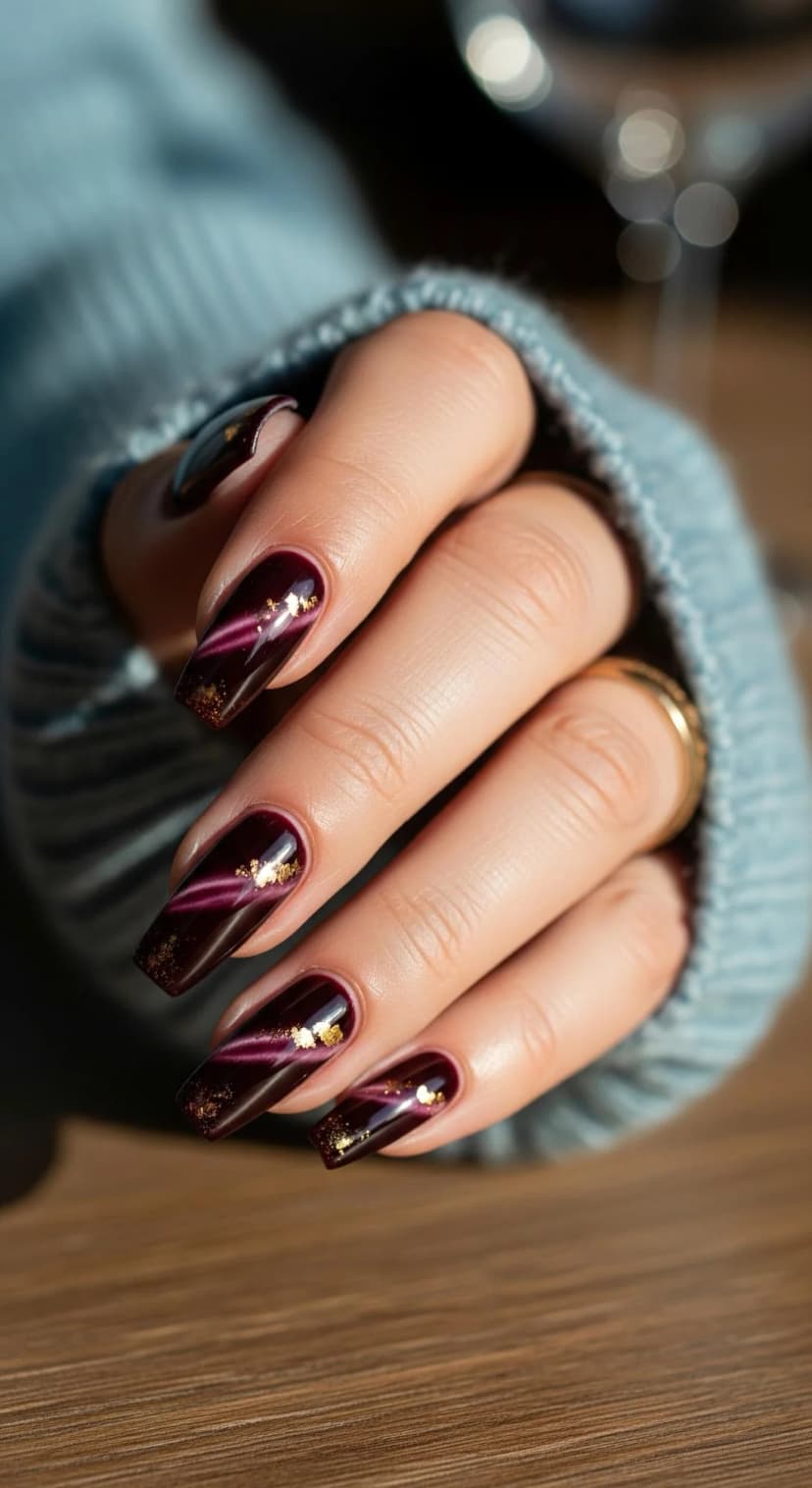 Deep Plum Cat Eye Nails + Gold Leaf Accents