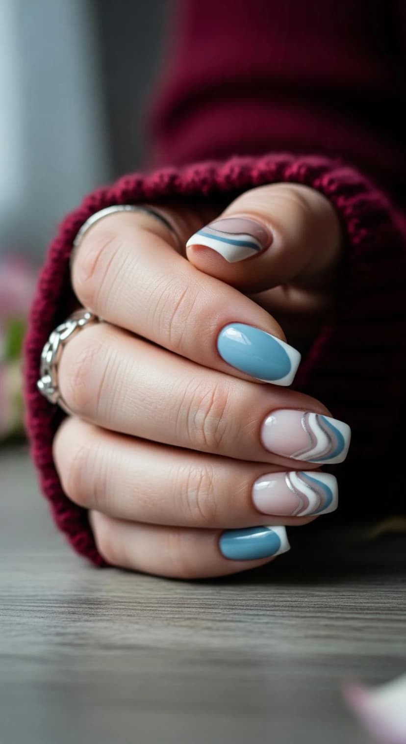 Dusty Blue French Tip Nails + Nude Swirl Accent Nails