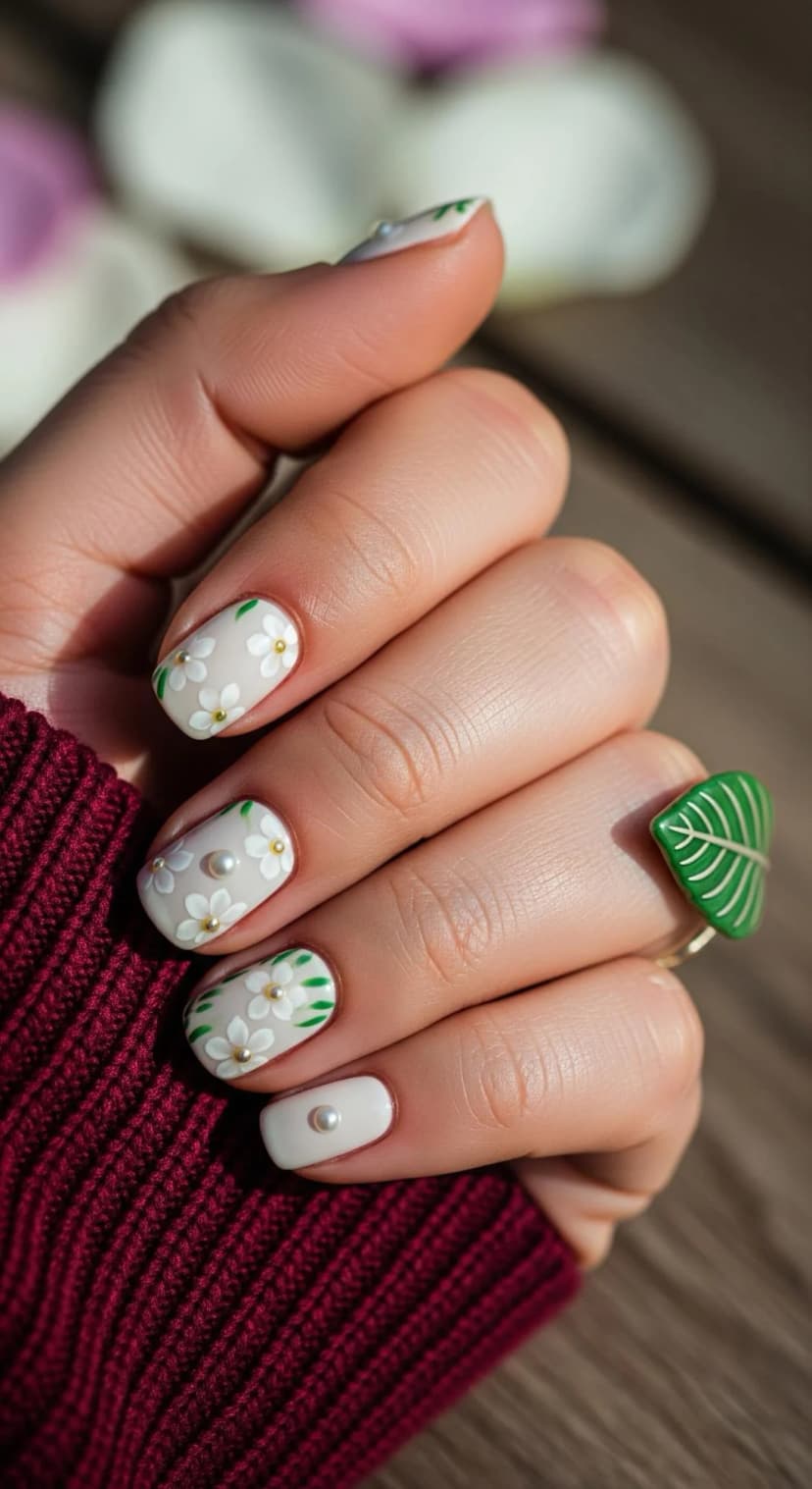 Cream Floral Nail Art + Pearl Accents