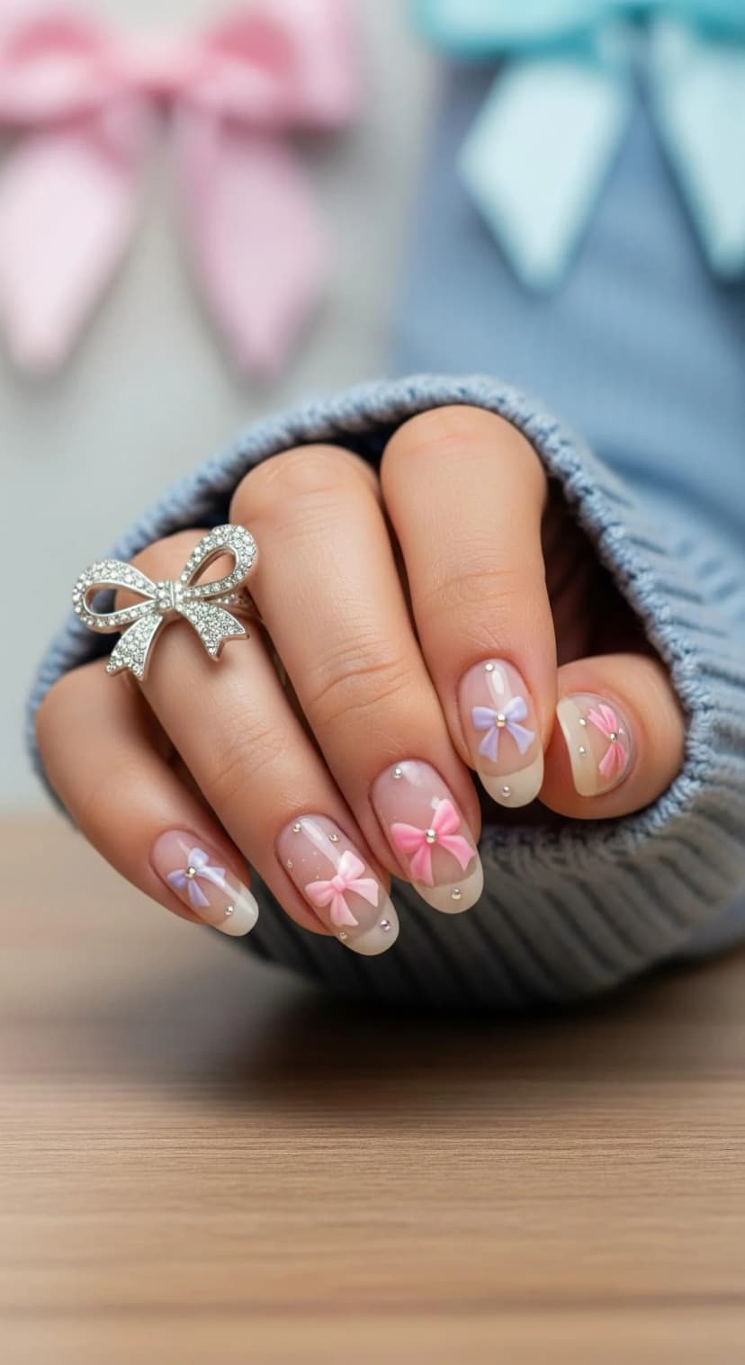 Sheer French Tip Nails with Pink and Lavender Bows