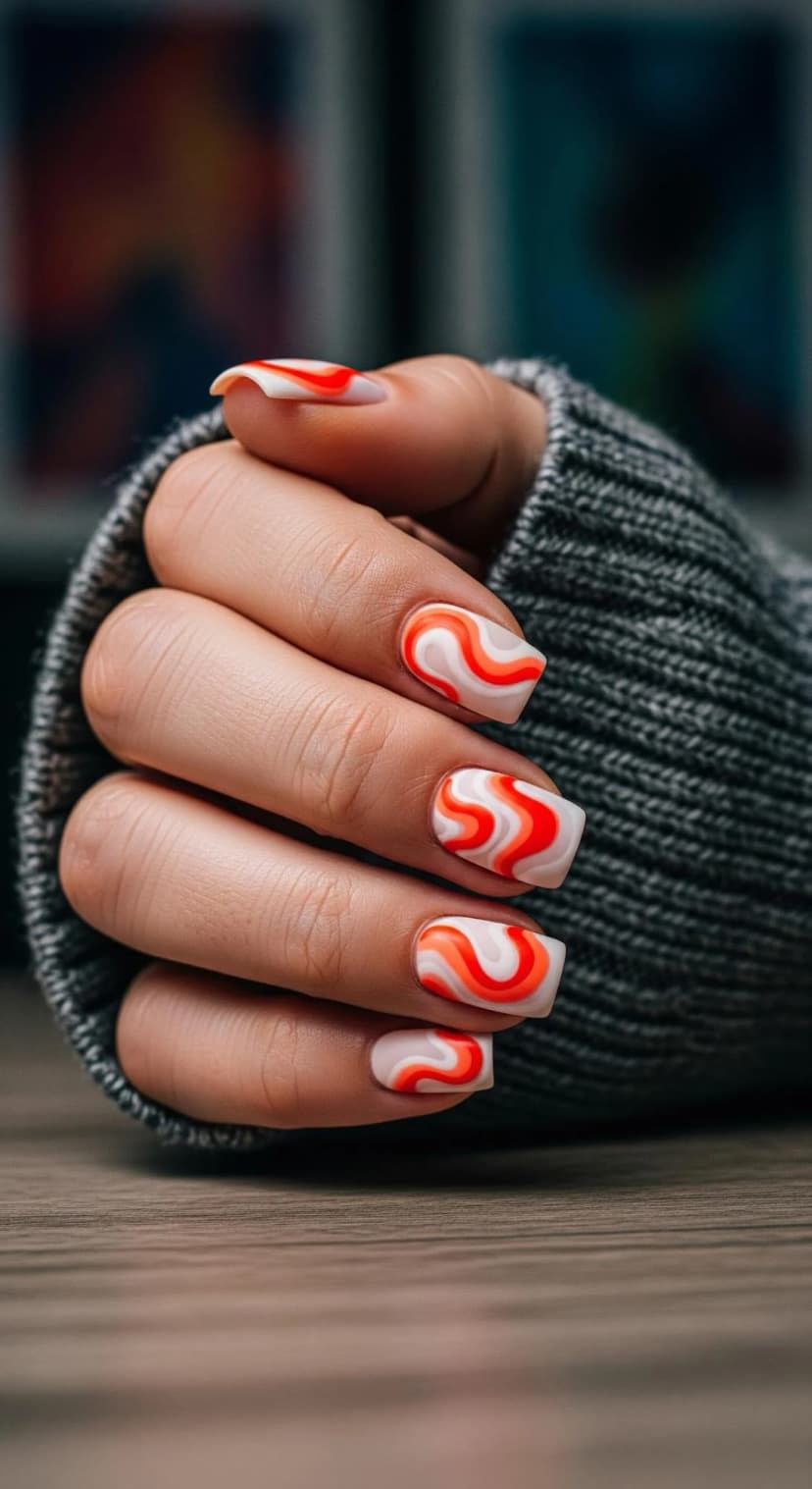 Cream, Orange & White Swirl Nails