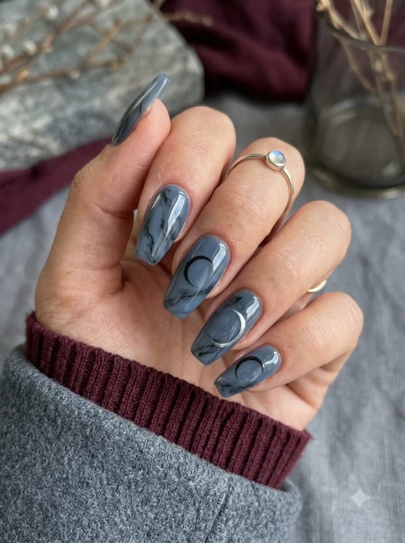 Grey Marble Moon Phase Nails