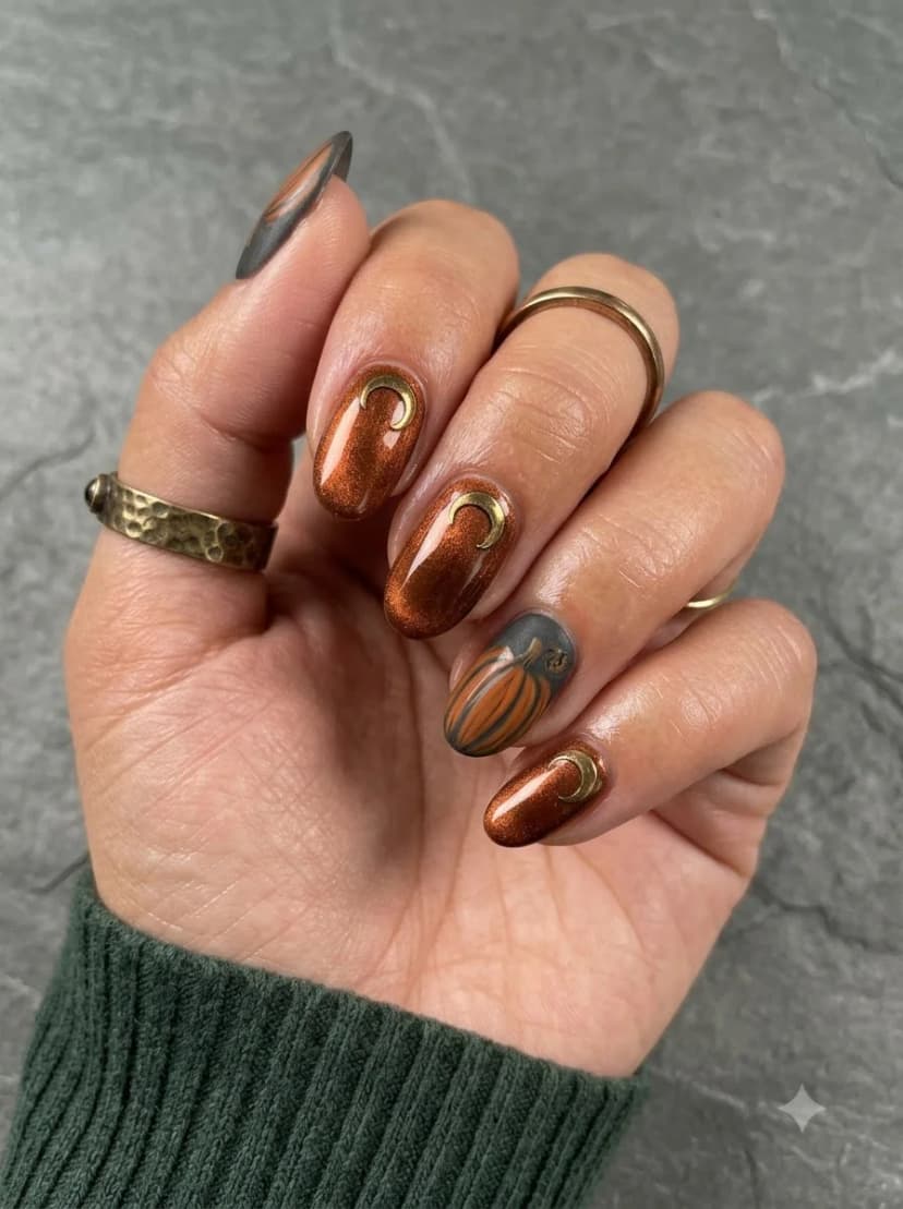 Bronze Cat-Eye Pumpkin Art Nails