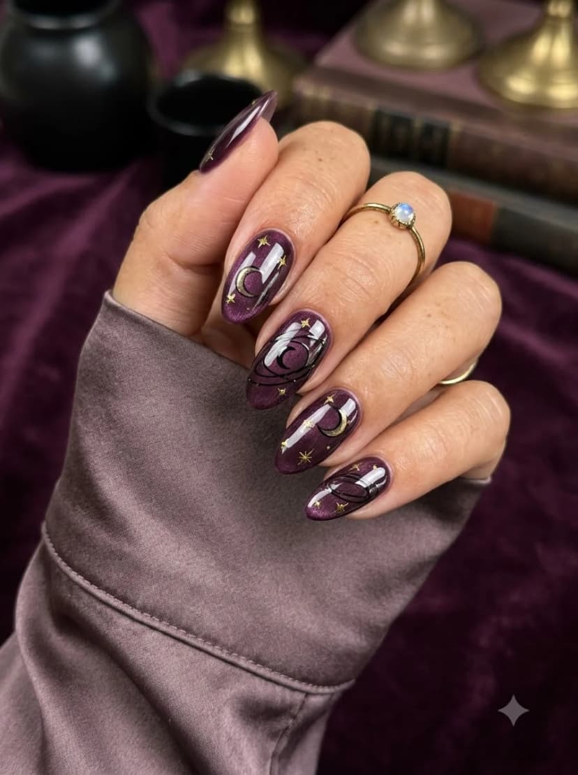 Deep Plum Gold Moon Star Nails