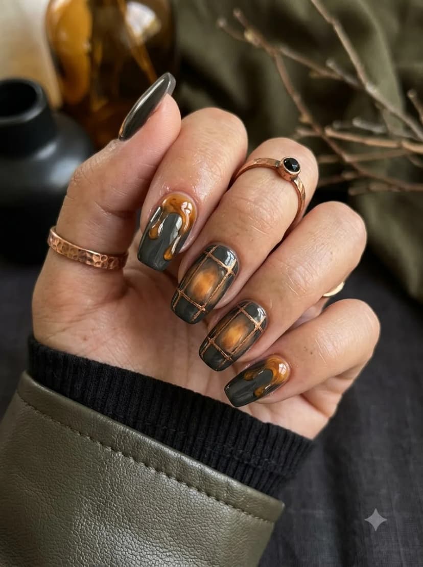 Charcoal Copper Drip and Grid Nails