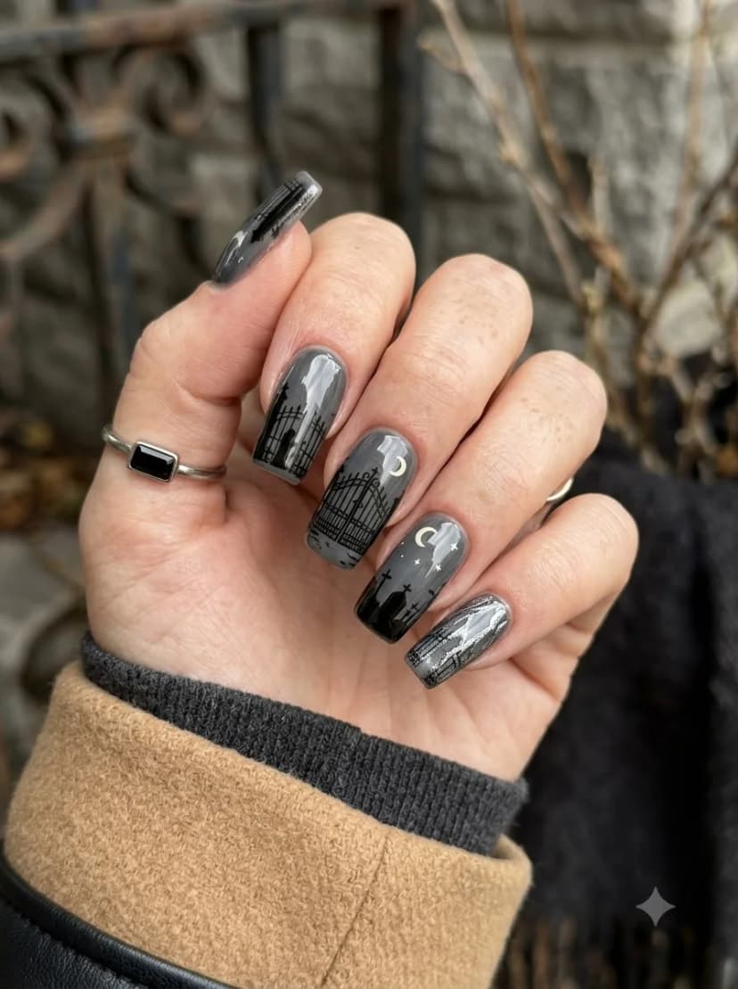 Grey Cemetery Gates Moon Nails