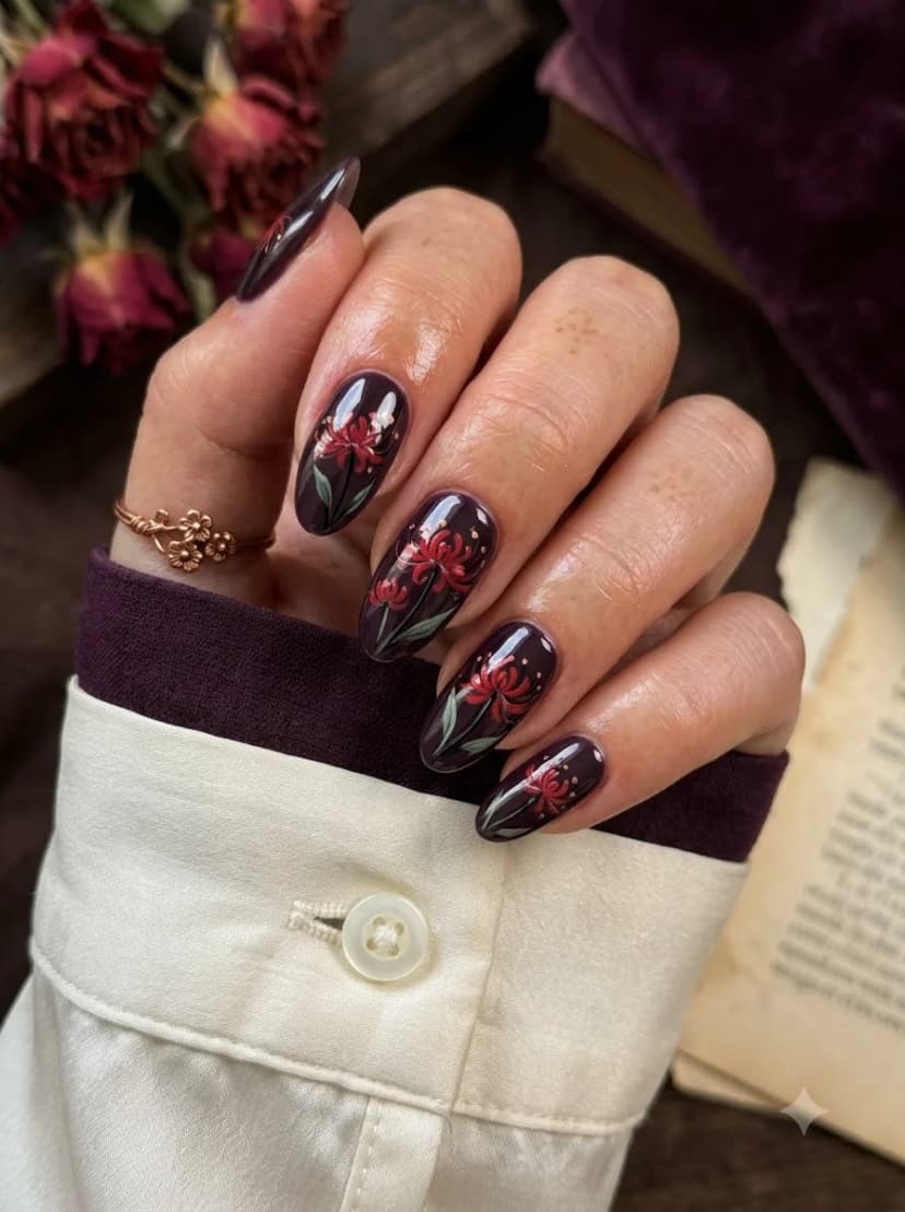 Dark Plum Red Spider Lily Nails