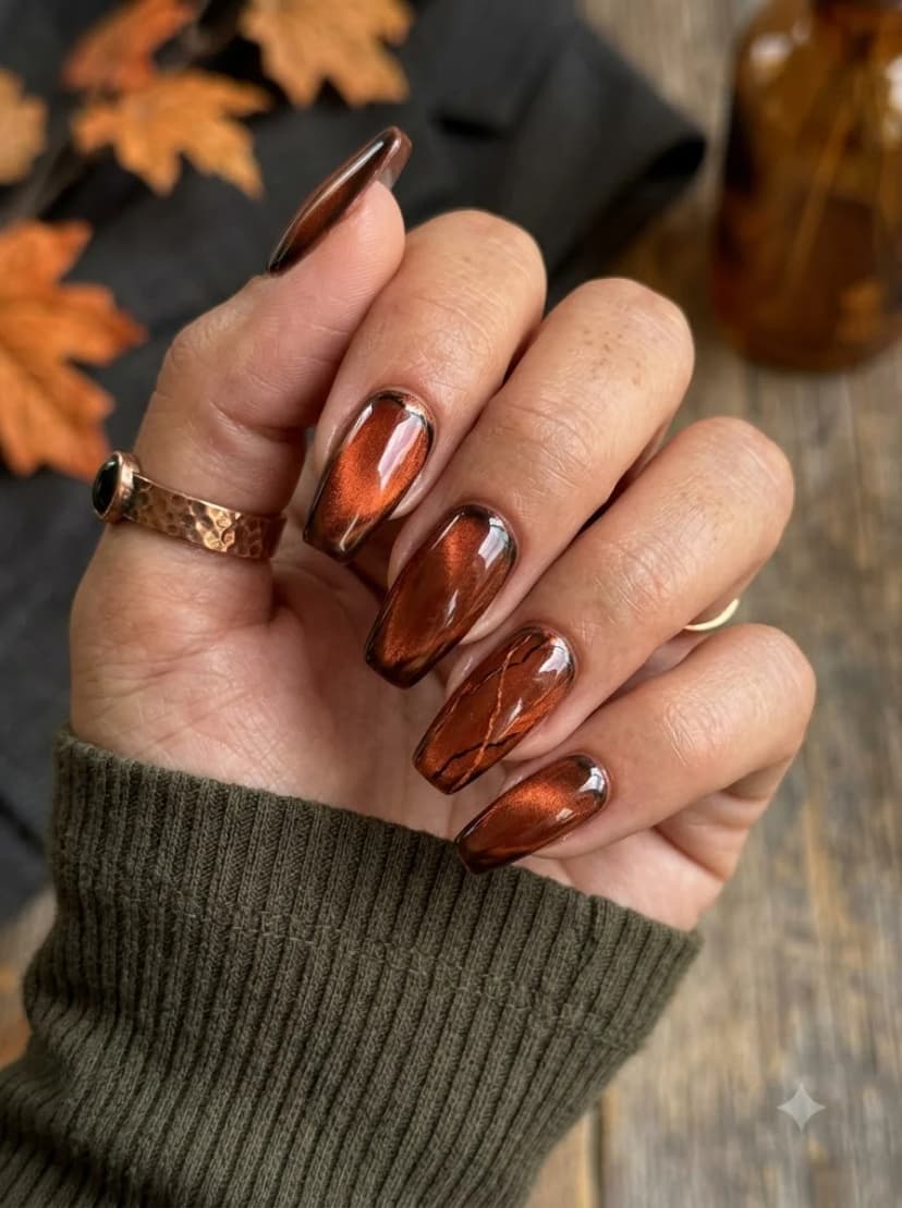 Brown Cat-Eye Chrome Swirl Nails
