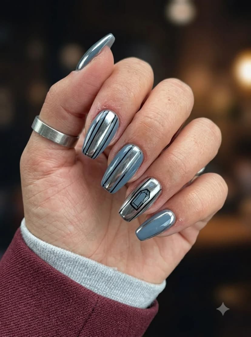 Blue-Grey Silver Chrome Stripe Gem Nails