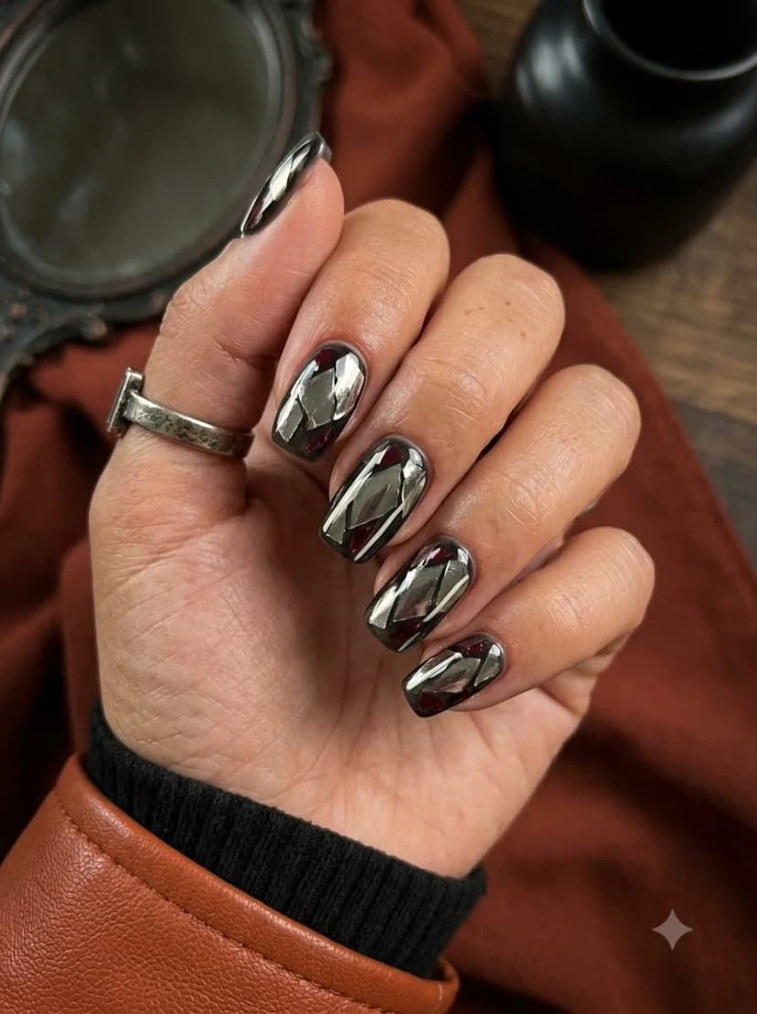 Grey Silver Geometric Faceted Nails