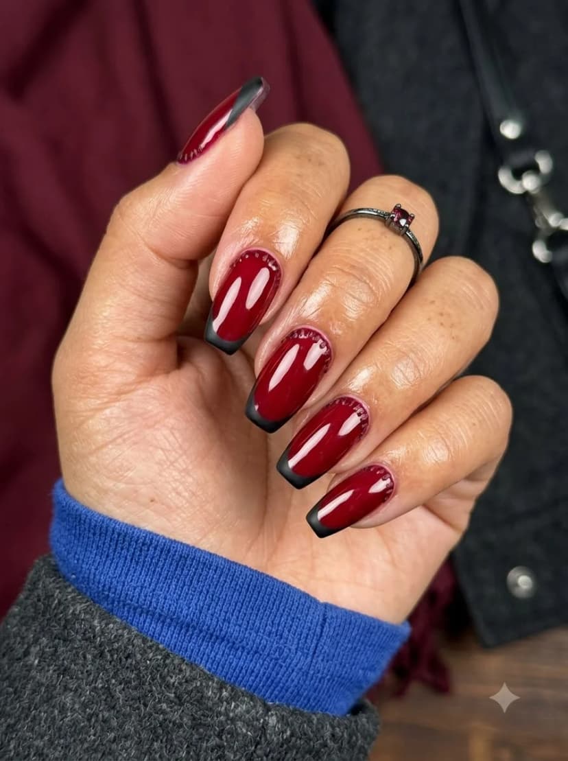 Deep Burgundy Black French Tip Gem Nails