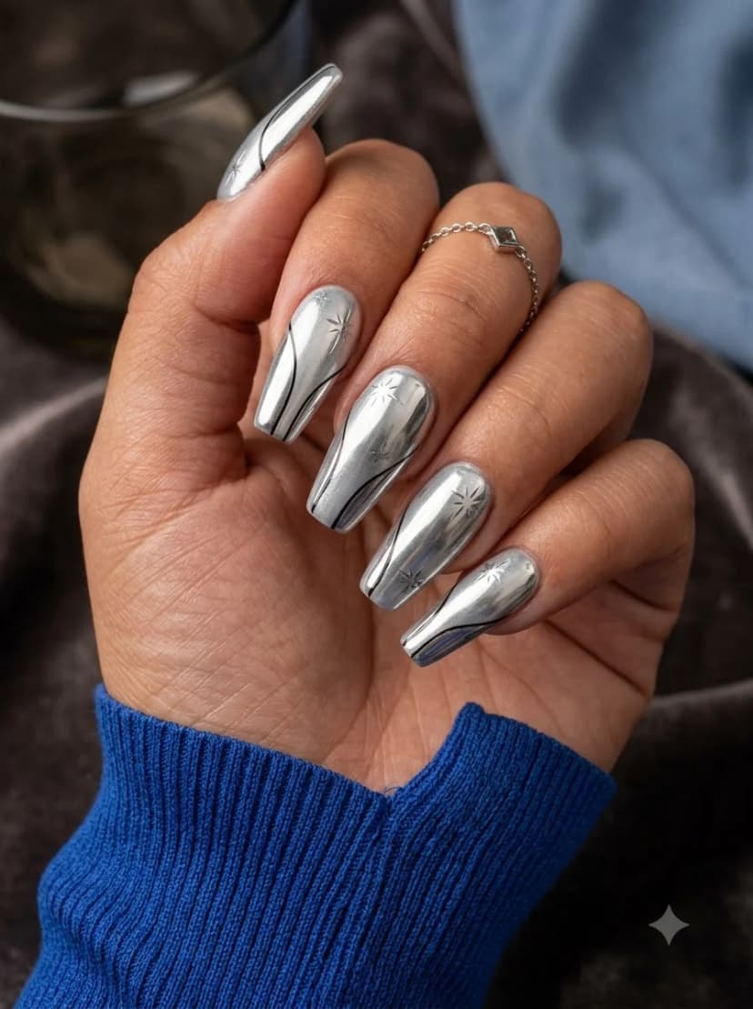 Silver Chrome Starburst Swirl Nails