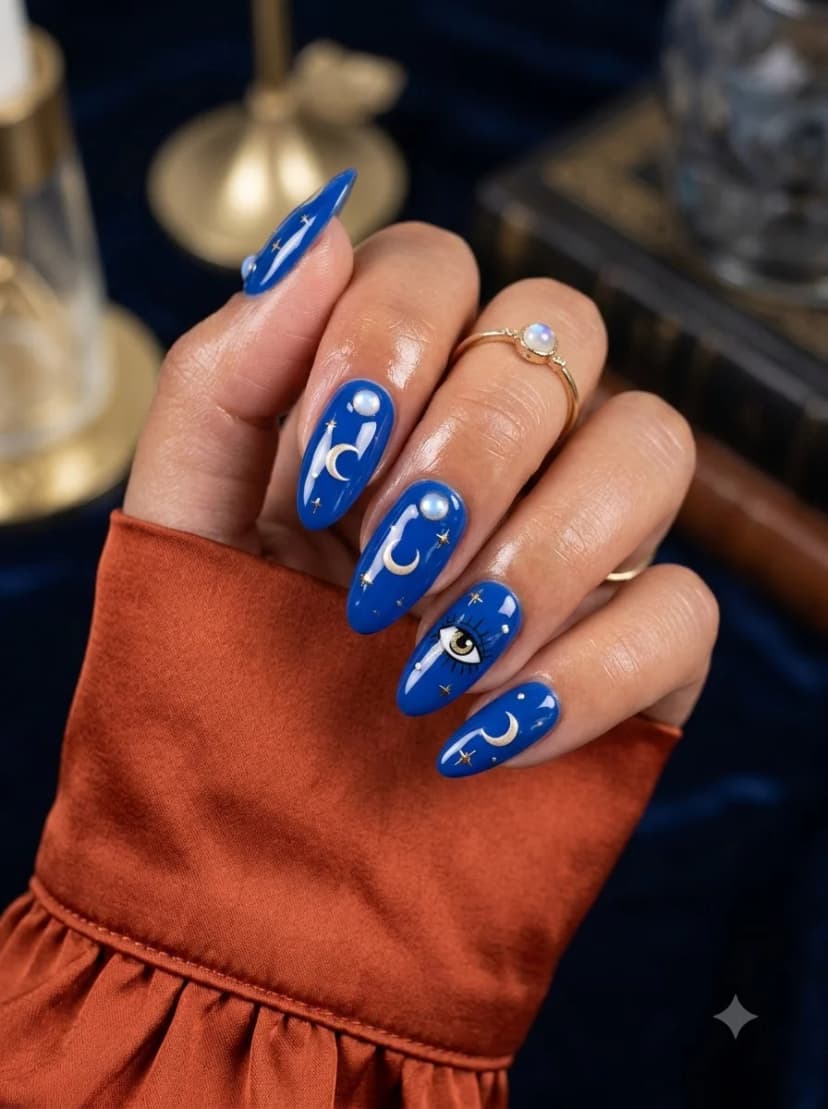 Cobalt Blue Moon Stars Eye Nails