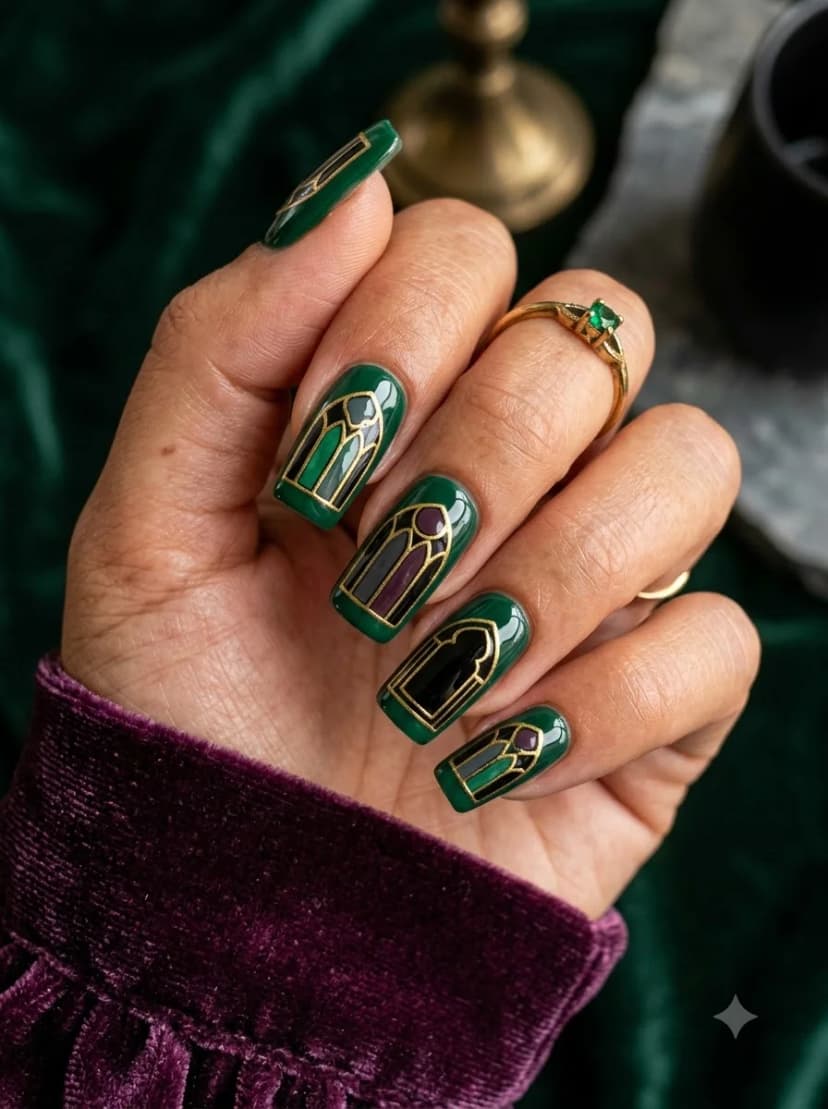 Emerald Green Stained Glass Window Nails