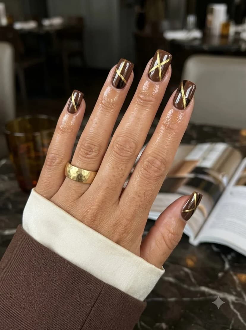 Chocolate Brown Gold Line Nails