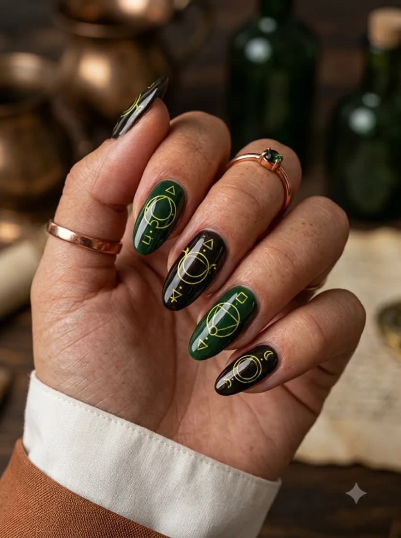 Dark Green Black Occult Symbol Nails