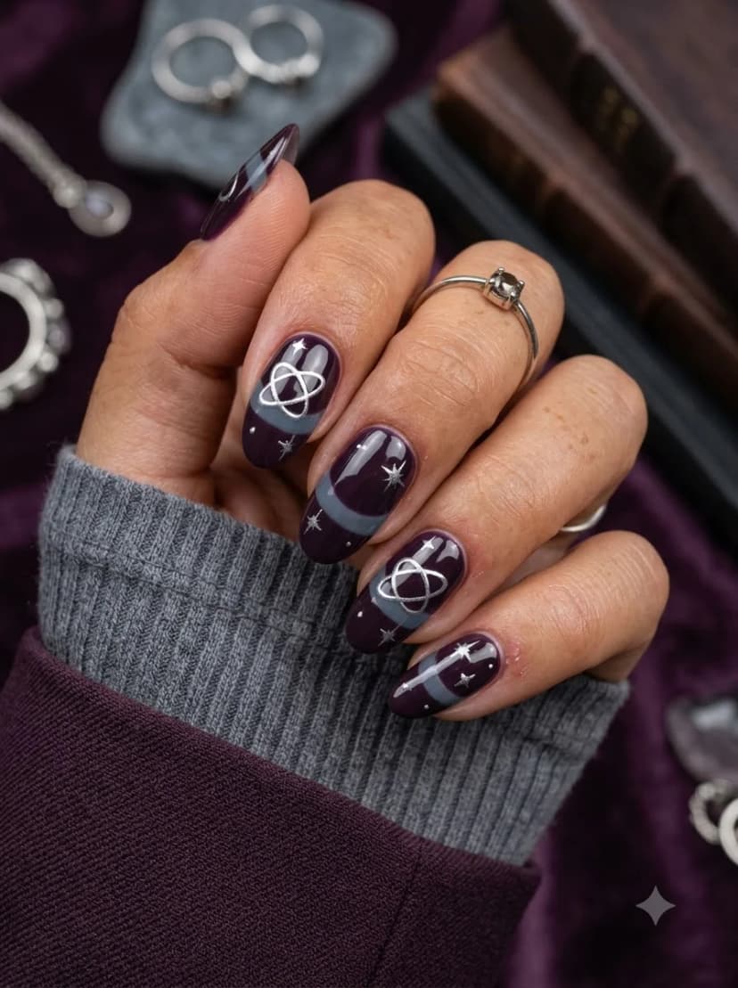 Dark Plum Celestial Stripe Nails
