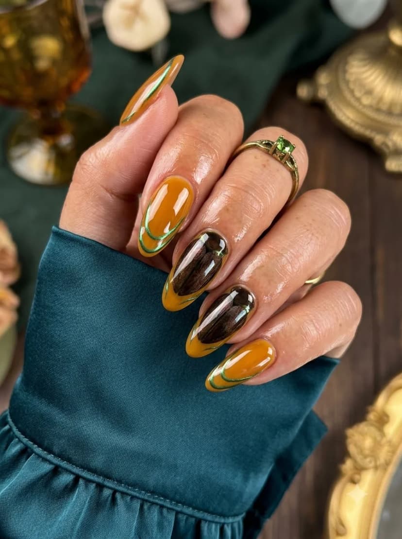 Mustard Green Outline Brown Chrome Nails