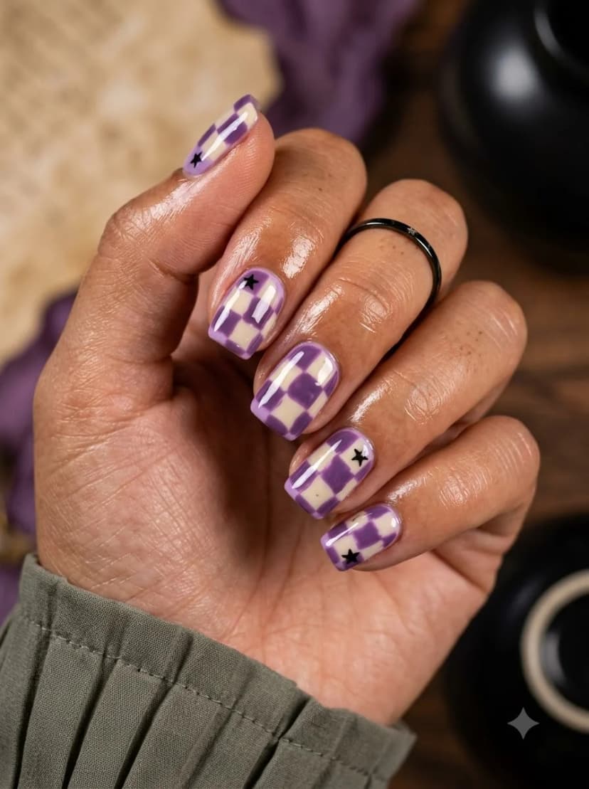 Purple Beige Checkerboard Star Nails