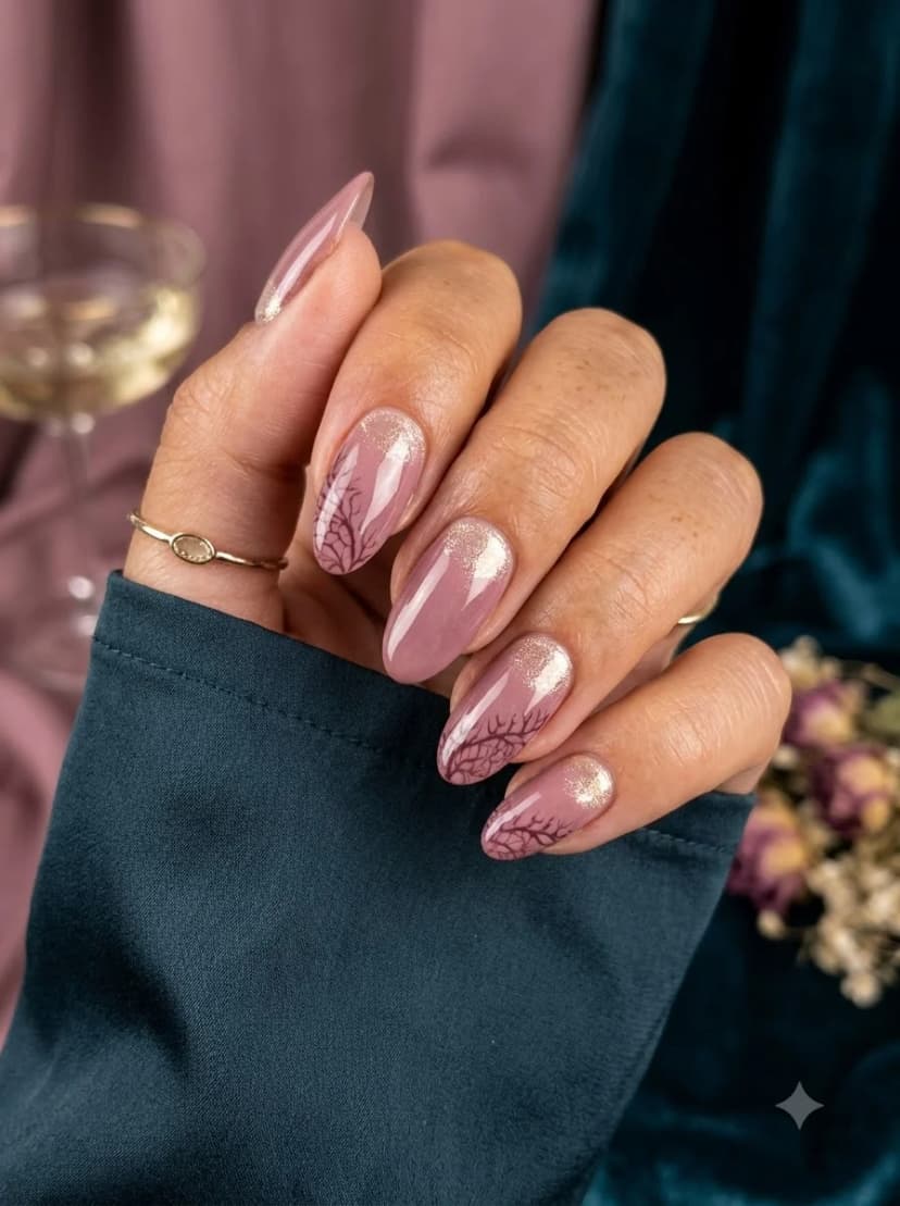 Pink Shimmer Leaf Branch Nails