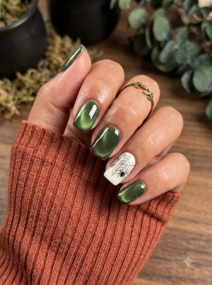 Olive Green Spiderweb Spider Nails