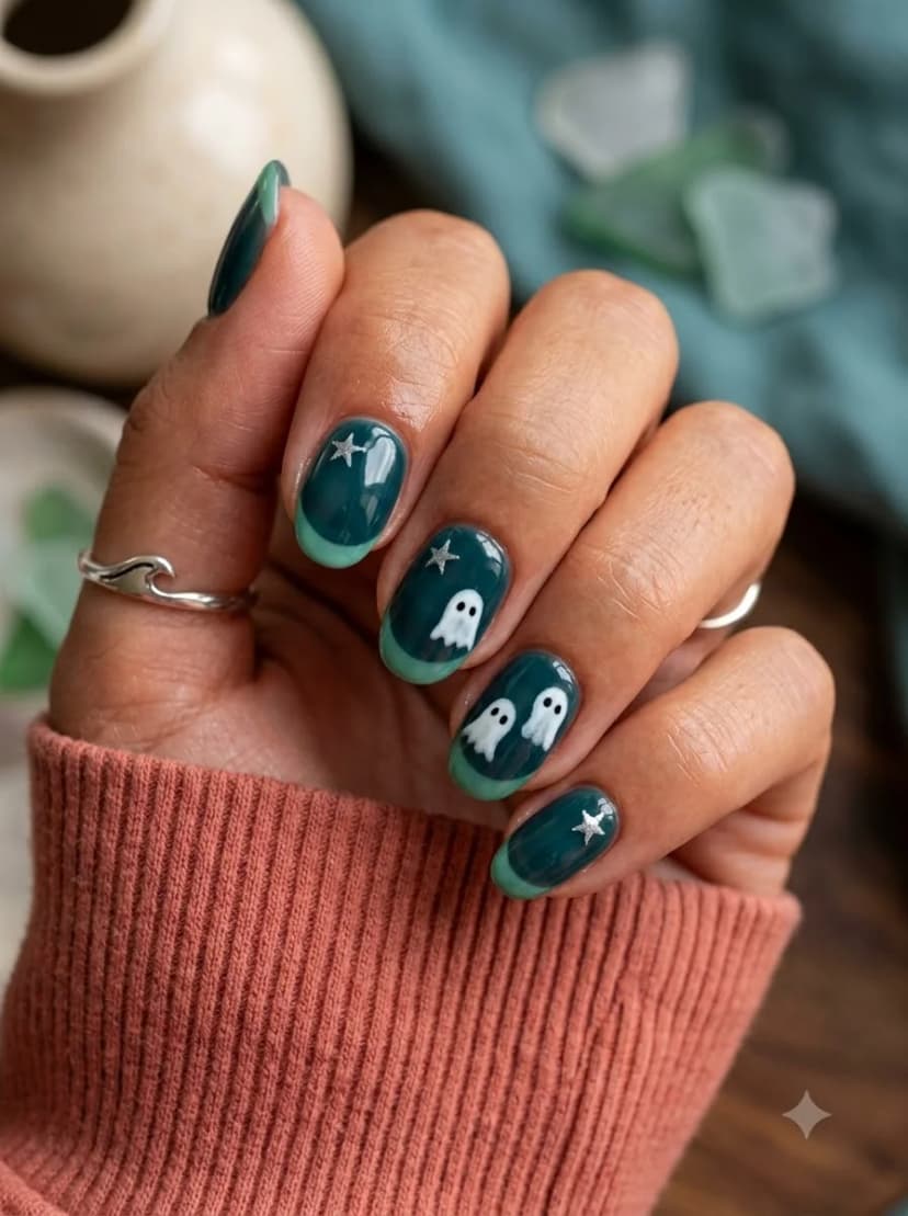 Teal Ghost Star French Tip Nails