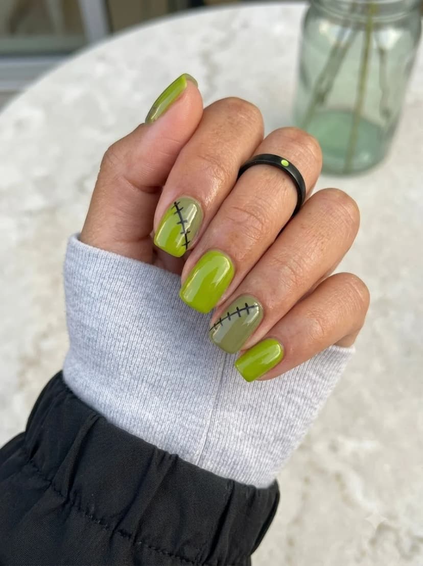 Lime Green Stitched Frankenstein Nails