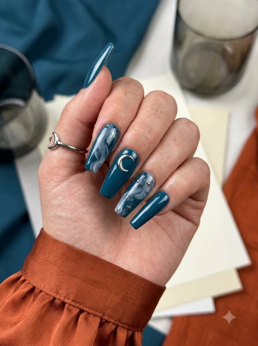 Teal Marble Moon Star Nails