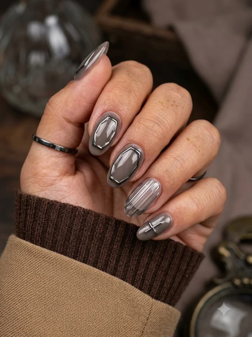 Grey Silver Coffin Frame and Cross Nails