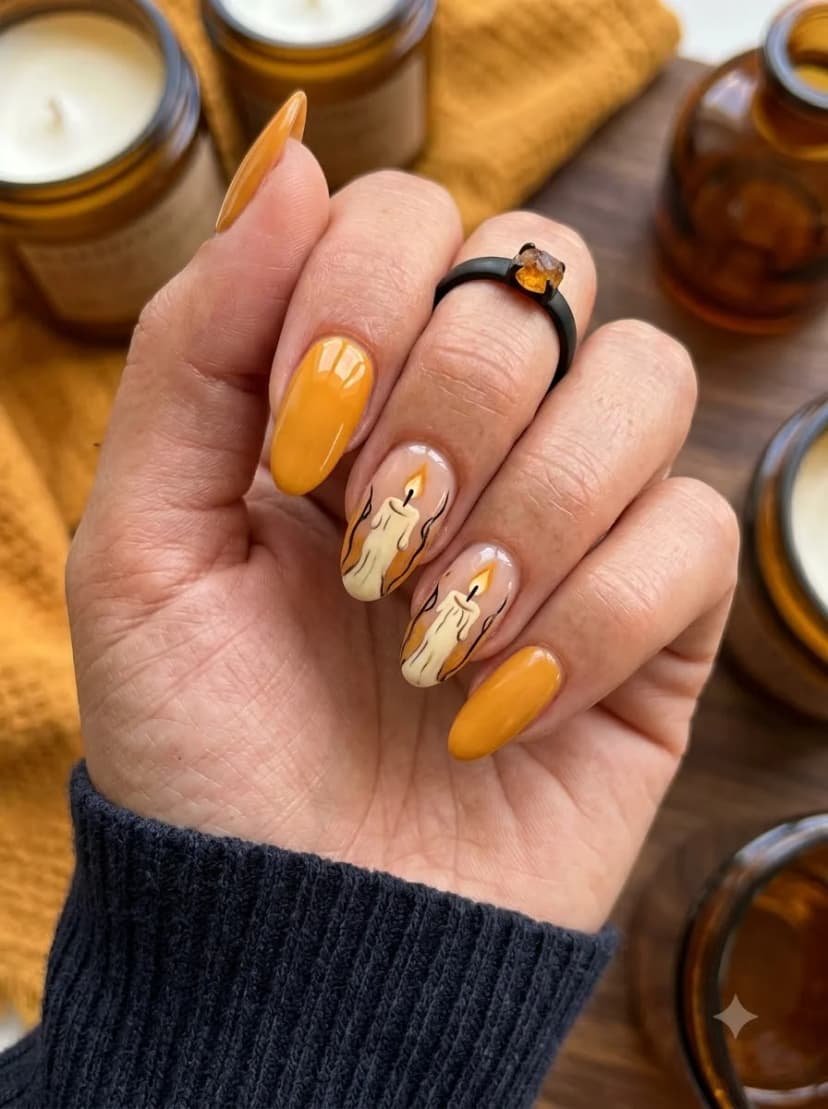 Mustard Yellow Candle Art Nails